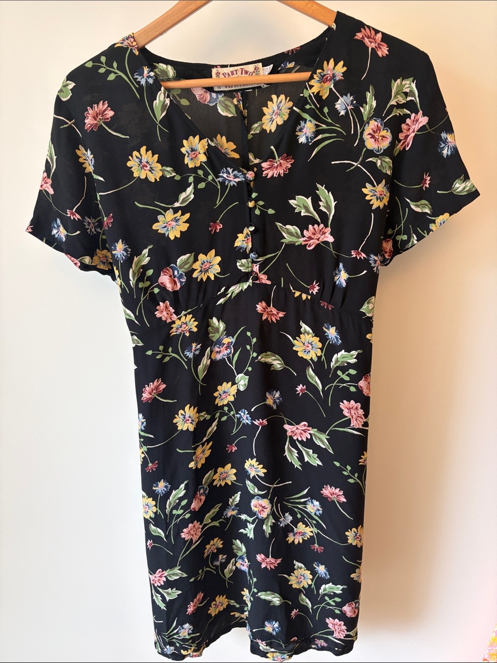 Black Floral Midi Dress with Pink & Yellow Blooms